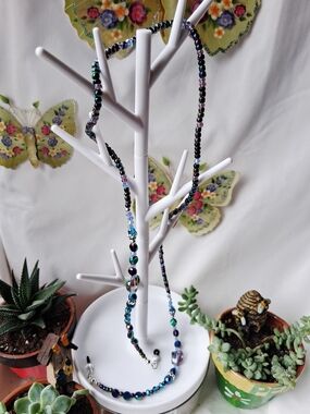 Glass Baroque Vitrail And Hematite Blue Beaded Long Necklace